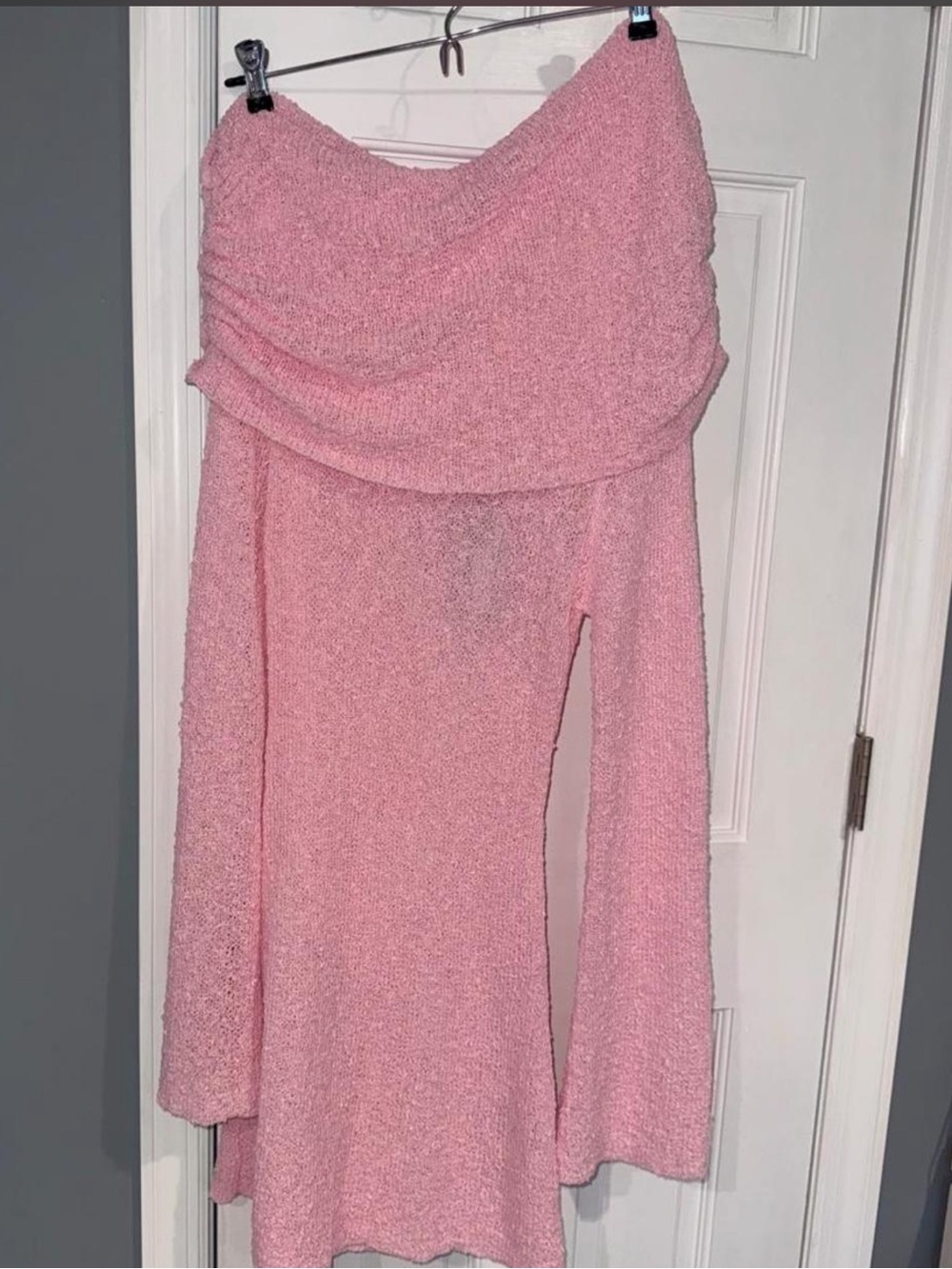 Meshki Marisol Off Shoulder Boucle
Mini Dress in Baby Pink